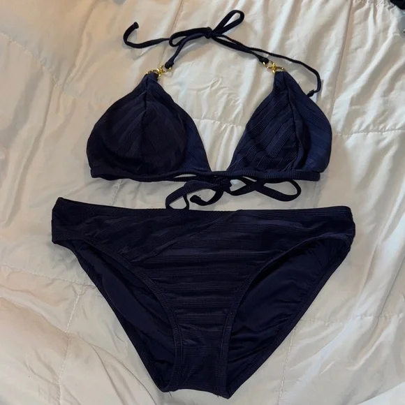 La Blanca Navy Blue Textured Triangle Bikini - Picture 1 of 3